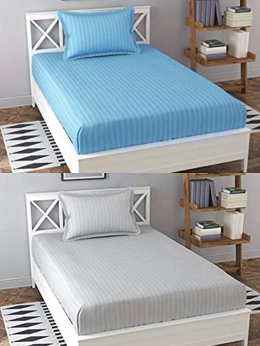 Image of Prime Collection 285 TC Combo Pack of 2 Single Sized (90x60) Satin Striped Bedsheet with 2 Pillow Cover Long Lasting Single Bedsheet for Hotel, Hospital and Home Use