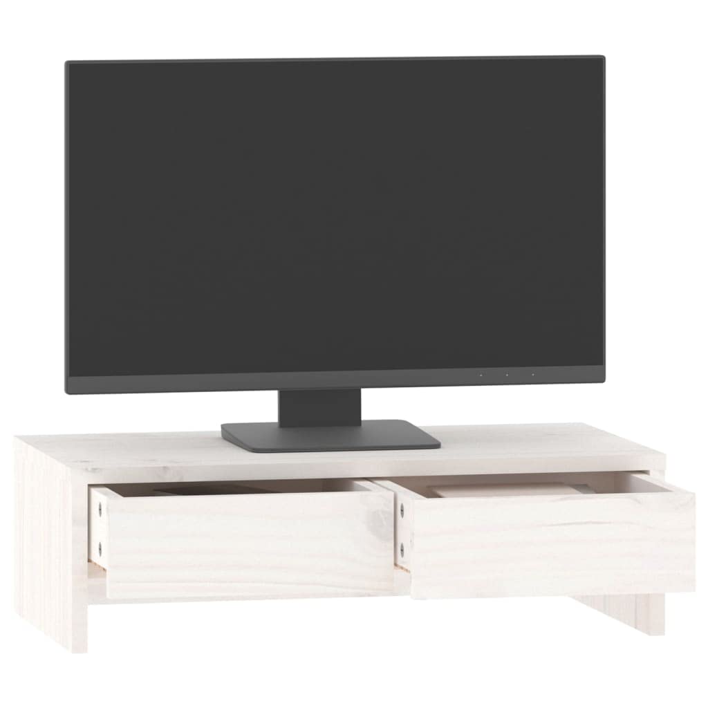 Supporto per monitor in legno massello, bianco, 50 x 27 x 15 cm, in legno di pino per home office ergonomico, regolabile in altezza, con spazio portaoggetti, ideale per computer, laptop, PC