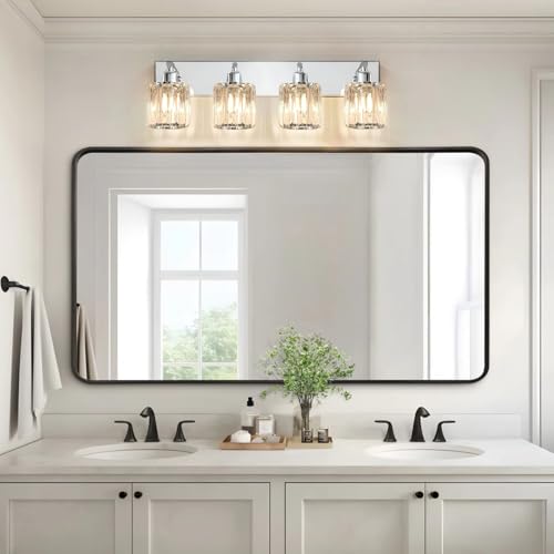 Image of Brushed Chrome Crystal Bathroom Vanity Light, 4-Light Modern Bathroom Lighting Fixtures Over Mirror,Chrome Wall Sconce Light Fixtures with Round Shade
