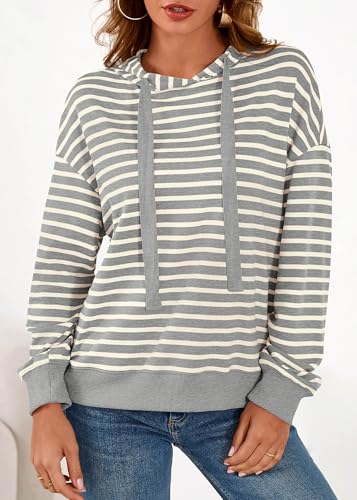 KIRUNDO Womens Striped Hoodies Sweatshirt 2026 Fall Long Sleeve Color Block Drawstring Casual Loose Pullover Top Y2K Clothes(Grey, X-Large) — view 6