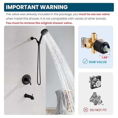 Image of gotonovo Bathroom Shower Head Kit High Pressure Combo System Shower Faucet 6 Modes ABS Handheld Spray Shower Trim Kit Valve Included Shower Head and Handle Set Matte Black