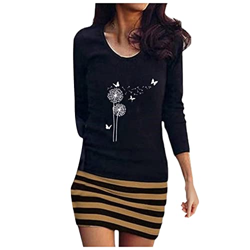 ZLYJ Robe Femme Automne Robe Cintrée Oversize Soirée Famme Col Rond Manches Longues Patchwork Coton Cute Imprimee Club Stretch Jaune Cover