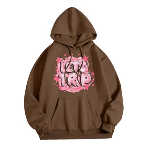 Sudadera con capucha de forro polar para mujer, con estampado de letras navideñas, manga larga, holgada, informal, con bolsillos para mujer, 03#_café, L