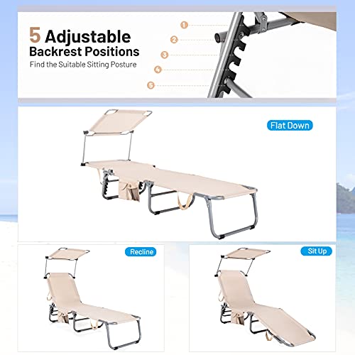 Giantex Outdoor Folding Chaise Lounge, Portable Reclining Chair With 5 Adjustable Positions, 360°Rotatable Canopy Shade, Side Pocket, Patio Lounge Chair For Beach, Lawn Sunbathing Chair (1, Beige) #TOP4