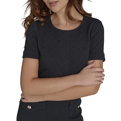 Image of Tommy Hilfiger Women's Short Sleeve Round Neck Novelty Button Tweed Mini Sheath Dress