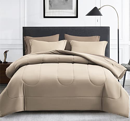 Maple&Stone Twin Comforter Set 5 Pieces Bed in a Bag - Down Alternative Bed Set with Sheets, Pillowcase & Sham, Soft Reversible Duvet Insert for Twin Bed, Beige
