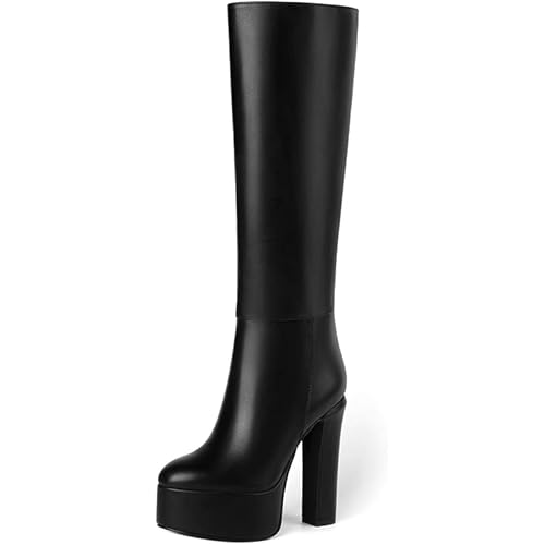 Reitoye Knee High Chunky Heel Boots for Women Platform Round Toe Zipper Boot Shoes