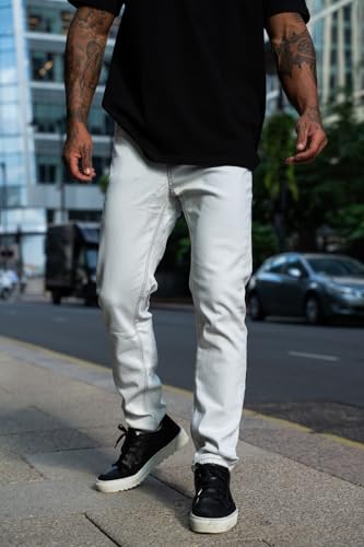 Mens Slim Fit Jeans Stretch Designer Denim Pants for Men Skinny Tapered Leg Stone Wash White 283