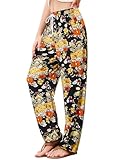 QIANXIZHAN Women's Harem Pants, Hippie Palazzo Pants Boho Joggers Yoga Clothes with Pockets Gold Flower XL
