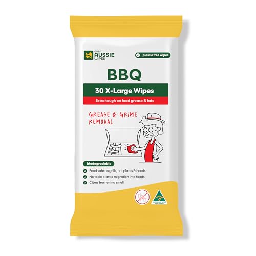 Great Aussie Wipes BBQ - Large Size Textured Sustainable Wet Wipes – Compostable and Plastic-Free Cleaning Wipes, 30 Wipes