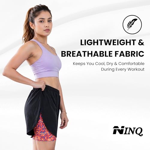 Image of NINQ 2 in 1 Running Sports Shorts for Women with Mobile Phone Pocket Light Weight Quick Dry Fabric for Gym Athletic Workout Running Shorts Lightweight Swim wear