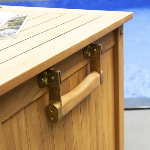Image of Cambridge Casual Arie Teak Outdoor Deck Storage Box Include Free Water Resistant Furniture Cover - 130 Gallon Wooden Patio Storage Box