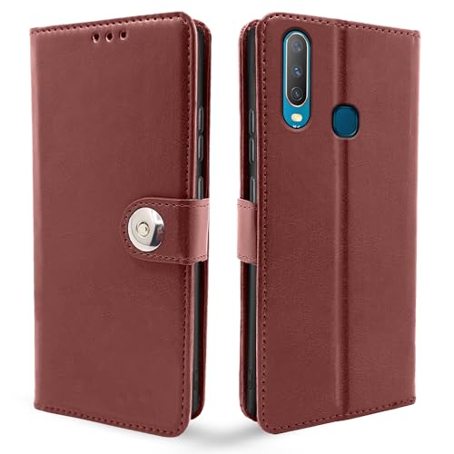 Image of Pikkme Vivo Y12 / Y15 / Y17 / U10 Flip Cover Leather Finish | Inside TPU with Card Pockets | Wallet Stand and Shock Proof | Complete Protection Flip Case (Button Brown)