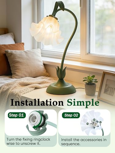 Image of Bedside Table Lamp for Bedroom, Vintage Flower Table Lamps, LED Reading Light 3 Color Modes Bedside Lamps, Nightstand Lamp Kawaii Desk Lamps for Bedroom Living Room Home Decoration(Green lamp)