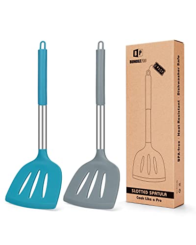 Lot de 2 spatules en silicone, anti-adhésives, haute résistance à la chaleur, sans BPA, idéales pour les œufs de poisson, les crêpes (grande spatule à fente) (Gris Bleu) Cover