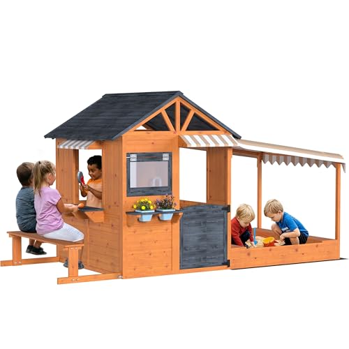 EROMMY Outdoor Playhouse for Grandkids, Backyard Garden Cottage with Sandbox & Bench, Play Kitchen, Snack Bar, Flowerpot Holders, Canopy, Multiple Toddlers Play House, 60' H x 105' L x 48' W, Brown