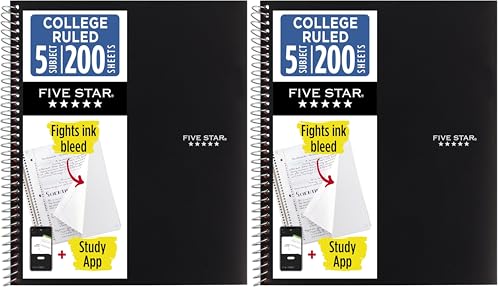 Image of Five Star Spiral Notebook + Study App, 5 Subject, College Ruled Paper, Fights Ink Bleed, Water Resistant Cover, 8-1 /2 inch x 11 inch, 200 Sheets, Black (72081) (Pack of 2)