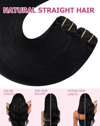 Image of YoungSee Black Clip in Hair Extensions Straight Remy Hair Clip in Extensions Jet Black Human Hair Extensions Clip ins Easy to Put in for First-time Users 18 Inch 120G 7Pcs