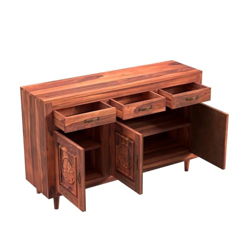 Image of Solid Sheesham Wood Sideboard Cabinet Storage with 3 Door & 3 Drawer Wooden Storage Organizer Cabinet for Home Kitchen Living Room Bedroom Hallway Dinning | Natural Honey Finish | Pre-Assembled