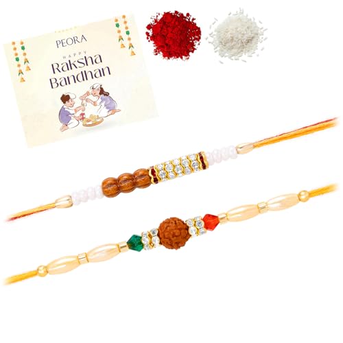 Image of Peora Rakhshabandhan Thread Rakhi for Brother Bhaiya | Kundan Beads & Crystal Studded | Combo Set of 2 | Rakhi Hamper Roli Chawal & Greeting Card
