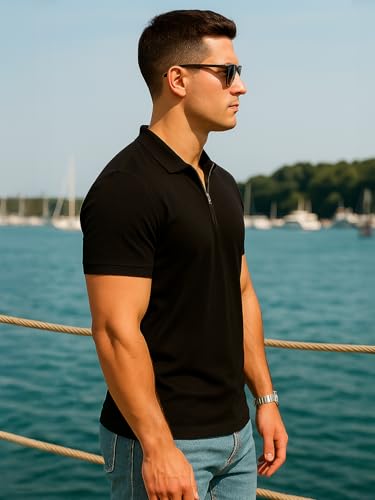 Image of Veirdo Men's Cotton Pique Polo | Premium Zip Neck Casual T-Shirt | Half Sleeve | Black Beauty, Serenity, Wheat, Zephyre