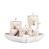 Molyorch Juego de 3 piezas de decoración de velas con corazones en diseño vintage, portavelas de madera con bandeja, para Navidad, mesa de salón