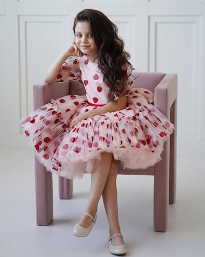 Strawberry Printed Toddler Party Gowns Short Lantern Sleeves Flower Girl Dresses4