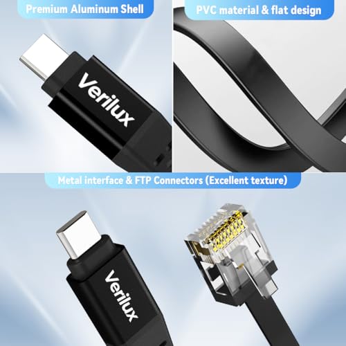Image of Verilux 6.6ft USB C to Ethernet Cable, 100Mbps RTL8152B NIC Chip Type C to RJ45 Cord, Type C to RJ45 NIC Cable Compatible for Thunderbolt 3 /4, Galaxy, MacBook Pro /Air, iPad Pro, PC
