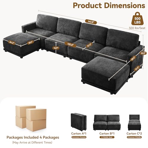 Image of 143.8 inch Modular U Shaped Sofa, Oversized Sectional Cloud Couch, 6 Seater Deep Seat Couches with 2 Movable Ottomans, Comfy Thickened Sofas for Living Room, Chenille Black