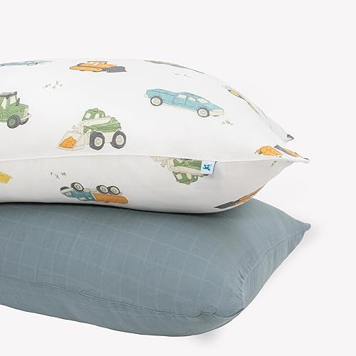 Image of Little Unicorn Standard Pillowcase 2 Pack | Super Soft & Breathable Muslin Fabric | Snug Envelope Closure | for Crib and Toddler Bed (Work Trucks)
