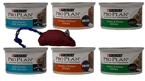 Purina Pro Plan Canned Wet Cat Food Entree 3 Flavor 6 Can Sampler Bundle With Catnip Mouse: (2) Sole Spinach, (2) Chunky Chicken, And (2) Turkey Pasta (3 Ounces) #TOP13