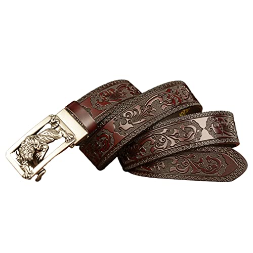 Men's Floral-Embossed Western Leather Belt - Adjustable With Click Sliding Tiger Engraved Buckle3