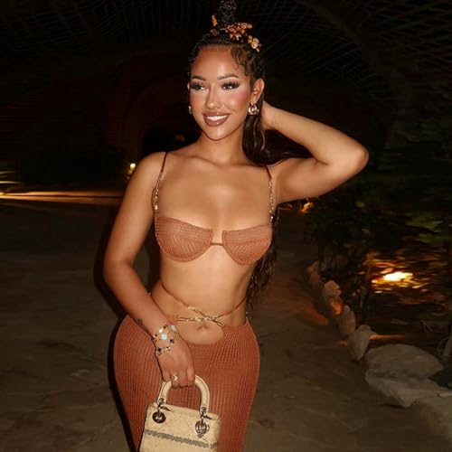 Image of Women's Dress Set, Sexy Knitted Mesh See-Through Lingerie Set, Slim-Fit Party Club Maxi Skirt