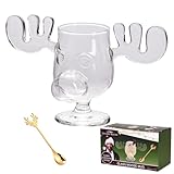 Christmas Eggnog Moose Mug, Thick Clear Glass Cup with Cute Antler Handle, 4.5β 8 oz Xmas Vacation Drinking Cup for Eggnog, Hot Chocolate & Festive Holiday Gift Giving