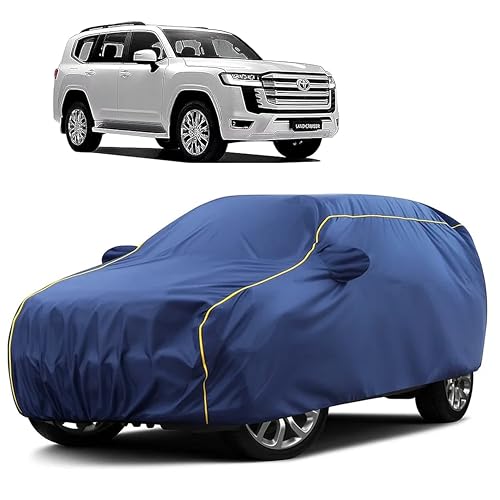 Image of Sulfar 100% Water Resistant Car Body Cover Compatible with Mirror for Toyota Cruiser (Triple Stitched, Full Bottom Elastic, Blue Taffeta with Yellow Piping)