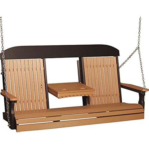 LuxCraft 5' Poly High Back Classic Porch Swing with Flip Down Center Console, Made with Recycled Plastics - Made in USA (Cedar & Black) Cover