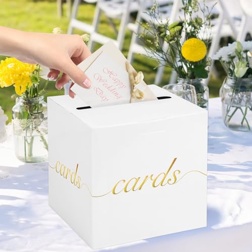 Image of White Card Box Gold Foil Wedding Favors Gift Card Boxes Post Box Receiving Money Box Holder for Wedding Reception, Baby Showers, Anniversary, Birthday Party, Retirement, Graduation Envelope Holder