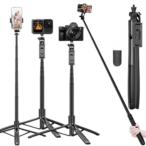 Image of Tukzer Long Multifunctional Selfie Stick with Tripod Stand & Bluetooth Wireless remote Aluminum 61 inch For Iphone, Samsung & all Mobile Phones, Vlogging, Live Stream,1 /4 inch Screw for DSLR Camera,Ring Light