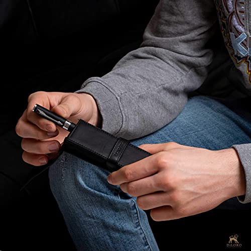 Image of DiLoro Leather Double Pen Case Pencil Pouch Holder for Two Fountain Ballpoint Rollerball Pens and Pencils (Black)