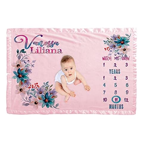 Personalize It Milestone Baby Blanket (Pink, 40 x 60) Custom Baby Name Luxe Satin Trim Edge Double Sided Polar Fleece Cover