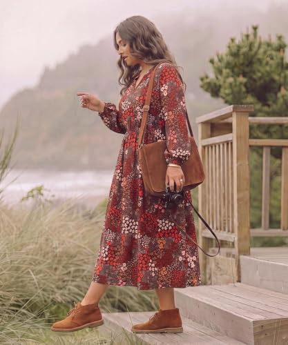 Image of TIYOMI Womens Plus Size Dresses Fall Long Sleeve Maxi Dresses V Neck Floral Spring Party Dress with Pockets XL-5XL (14W-28W)
