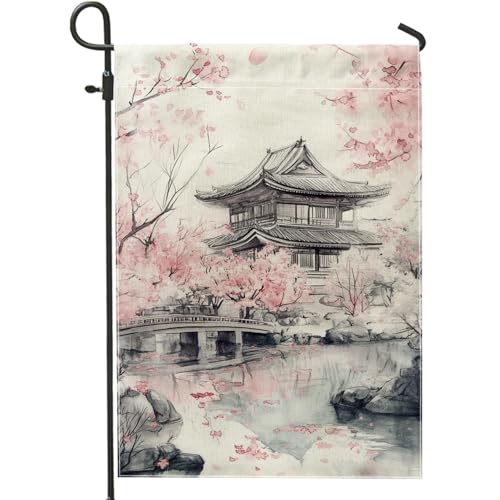 Drapeau de jardin à fleurs de cerisier, bannière de décoration extérieure de style japonais, bannière double face en toile de jute, décoration saisonnière de pelouse, 30,5 x 45,7 cm