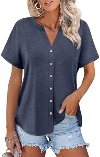 TICTICMISS Womens Short Sleeve Button Down Tops Dressy Casual V N...
