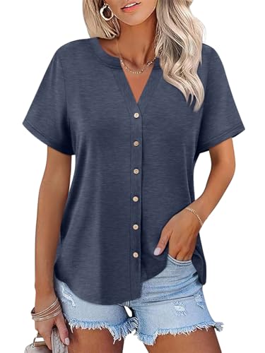 TICTICMISS Womens Short Sleeve Button Down Tops Dressy Casual V Neck Summer Shirts Trendy Tees Navy Blue