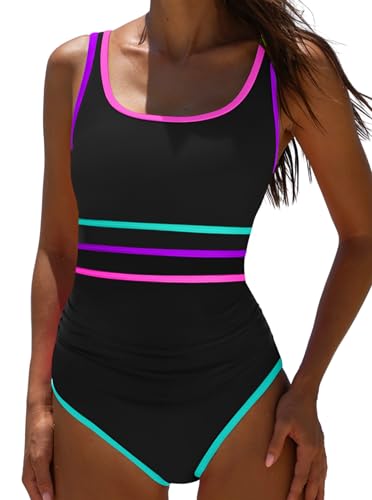 popvil Women's One Piece Swimsuits 2025 Tummy Control Bathing Suit Beach Outfit Sexy Neon 1 Piece Sport Swim Suits,Stripe2,Large