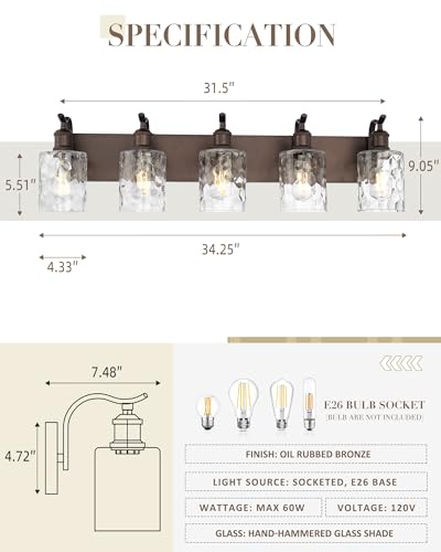 Image of Bathroom Vanity Light Fixtures 5-Light Hammered Glass Modern Wall Mounted Over Mirror Oil Rubbed Bronze - VL01ORBH-5