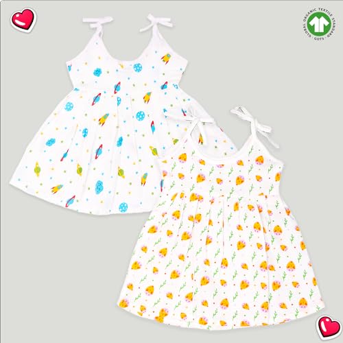 Image of Kidbea Extra Soft Muslin Cotton Frock Cloth for Baby Girl | Space and Mickey Print Pack of 2 for 3 to 6 Months