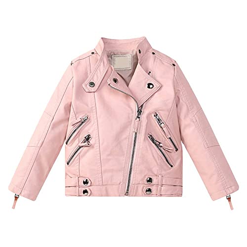 Lengender Veste en Simili Cuir Enfant Fille Manteau Courte PU Cuir Jacket Blouson Motard Hiver Automne (Rose, 120)