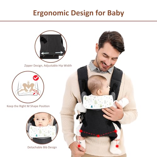 IULONEE Baby Carrier for Newborn Ergonomic Carrier with Detachable Bibs Front & Back Carry Baby Holder Carriers for Toddlers 3-36 Months (3-15kg) Black - Image 3