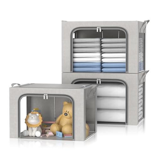 FUSACONY Clothes Storage Bag, 3 Pcs Large Storage Boxes with Lids Foldable Wardrobe Storage Organiser with Steel Frame & Three Clear Windows for Blankets,Bedding,Comforters, Grey (66L)